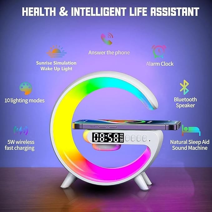 Lampa led RGB de masa 3in1, At Performance, cu Statie incarcare wireless, Muzica Bluetooth, FM, USB, 1500mh, Alb